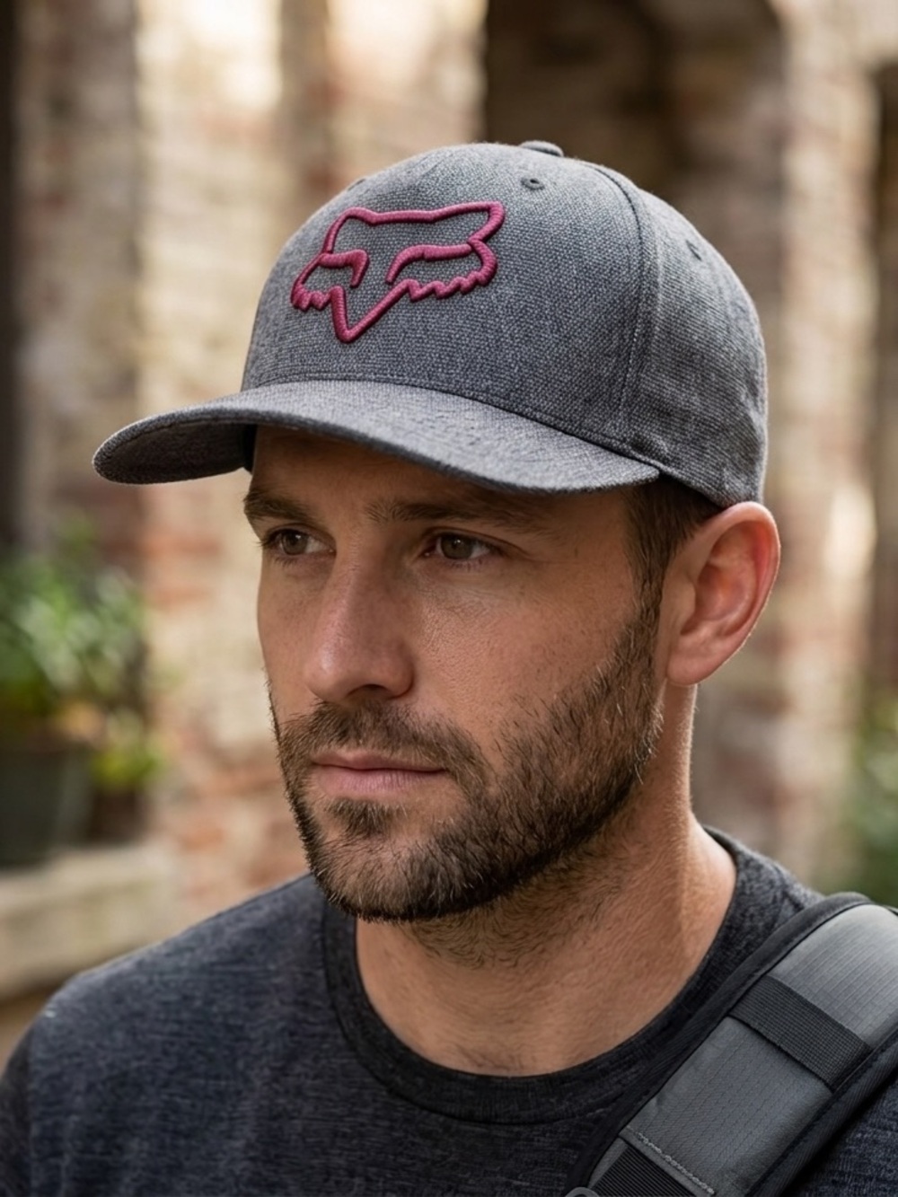 Fox Racing Flexfit Embroidered Fox Head Logo Hat Heather Gray Pink Outline